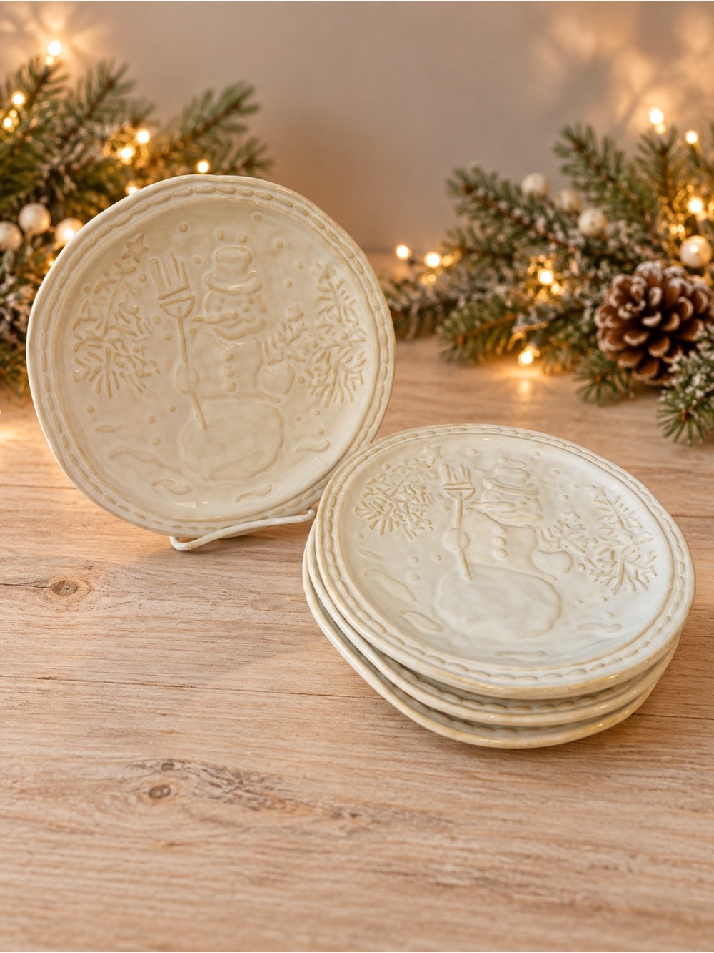 Williams Sonoma Snowman Plates Set of 4 Cream Embossed Ceramic 8.5”